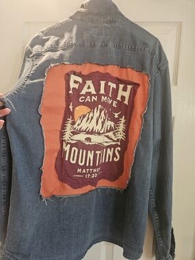Upcycled Wrangler Denim Shirt with Orange & Burgundy Mountain Patch